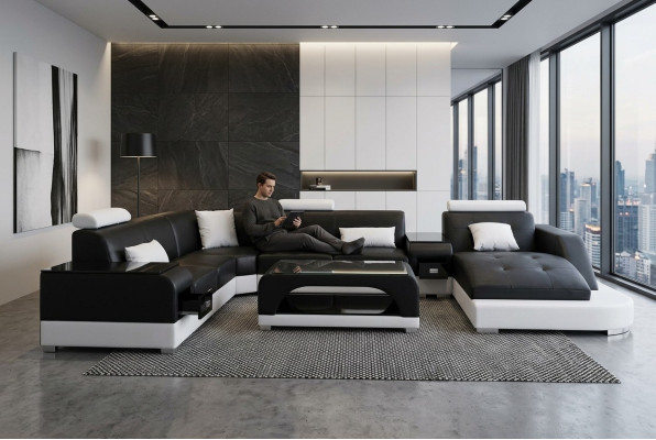 Sofá de cuero Diseño de sofá moderno Asientos acolchados Sofá de esquina Sofá de salón + Mesa