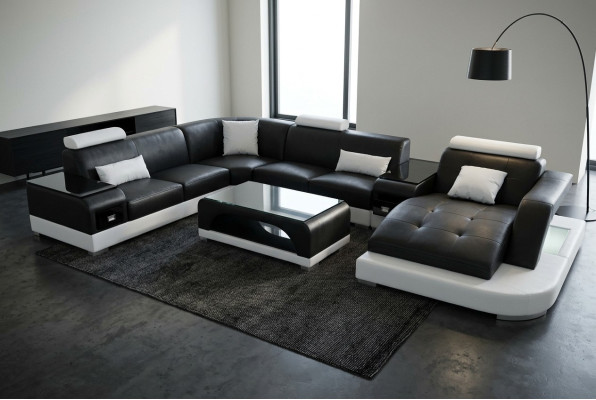 Sofá de cuero Diseño de sofá moderno Asientos acolchados Sofá de esquina Sofá de salón + Mesa