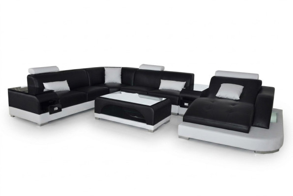 Sofá de cuero Diseño de sofá moderno Asientos acolchados Sofá de esquina Sofá de salón + Mesa