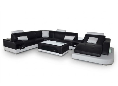 Sofá de cuero Diseño de sofá moderno Asientos acolchados Sofá de esquina Sofá de salón + Mesa