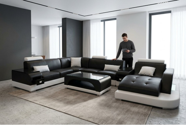 Sofá de esquina de cuero, conjunto de salón en forma de L moderno G8009