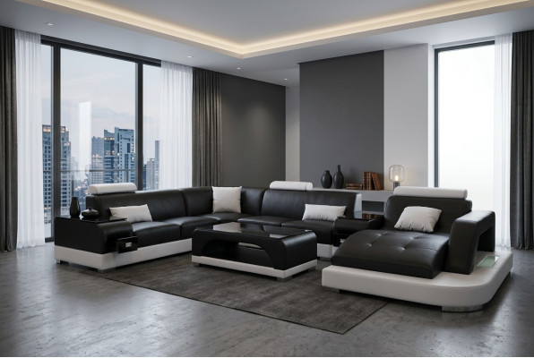 Sofá de esquina de cuero, conjunto de salón en forma de L moderno G8009