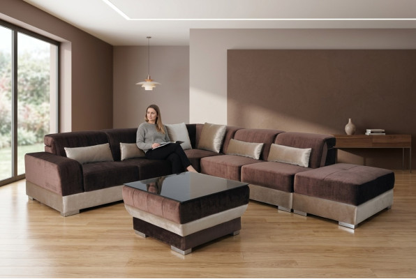 Sofá de esquina, sofá tapizado, asiento de esquina, juego de sillones de cuero, mesa, paisaje de sala de estar