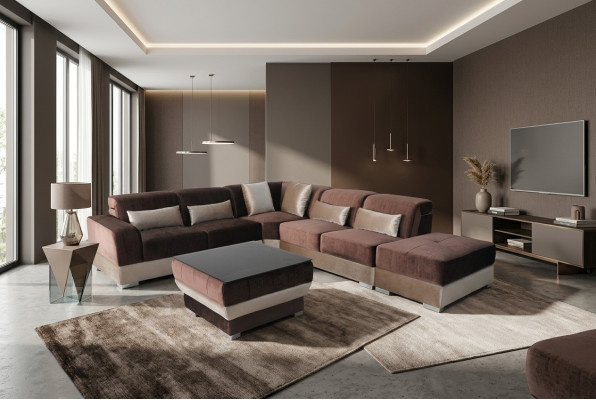 Sofá de esquina, sofá tapizado, asiento de esquina, juego de sillones de cuero, mesa, paisaje de sala de estar