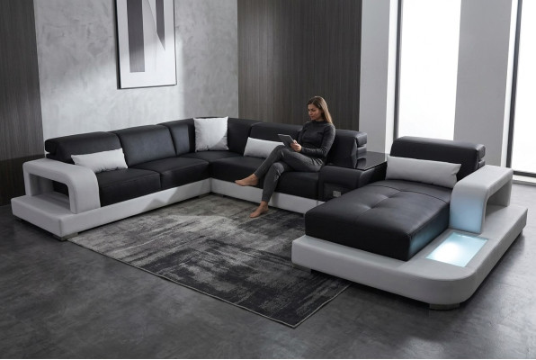 Sofá de esquina de cuero, conjunto de sala de estar en forma de esquina, diseño moderno, sofás en forma de U G8006.