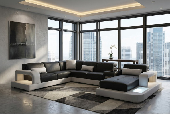 Sofá de esquina de cuero, conjunto de sala de estar en forma de esquina, diseño moderno, sofás en forma de U G8006.