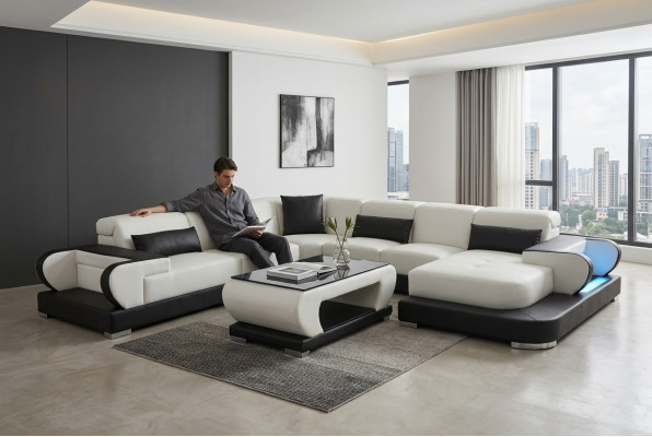 Sofá esquinero de cuero, moderno diseño de conjunto de sala de estar en forma de U G8002 + mesa