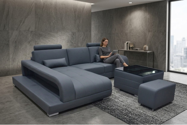 Sofá XXL Chaise Longue Esquina de Cuero Conjunto Paisaje Sala de Estar Diseño Moderno Sofá en Forma de L F3017C
