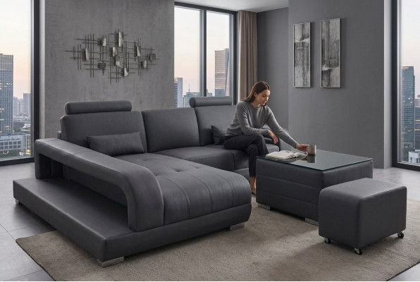 XXL sofá de cuero, conjunto de sala de estar, diseño moderno, sofá en forma de L F3017C + mesa