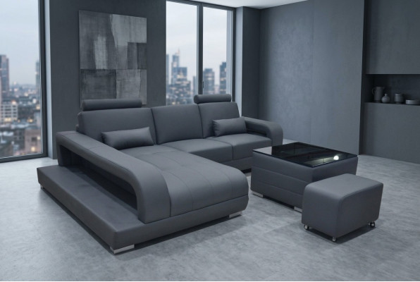 XXL sofá de cuero, conjunto de sala de estar, diseño moderno, sofá en forma de L F3017C + mesa