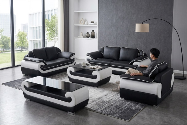Sofá en forma de L moderno de cuero XXL, conjunto de sofás de cuero 3+2+1 D04 + mesa.