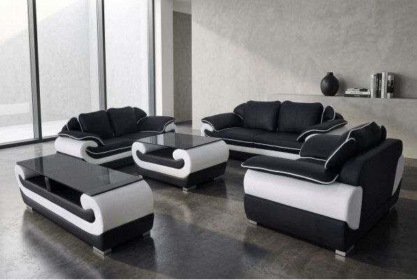 Sofá en forma de L moderno de cuero XXL, conjunto de sofás de cuero 3+2+1 D04 + mesa.