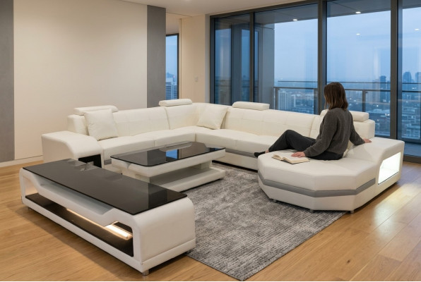 Sofá de cuero con esquina acolchada, conjunto de asientos en forma de U con mesa RTV nueva.