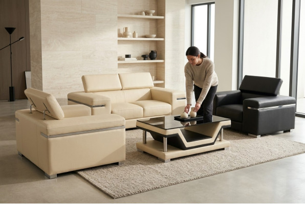 Sofá de cuero para la sala de estar, conjunto de 2+1+1 de paisaje de sofá de asiento acolchado nuevo.