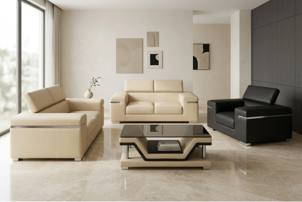 Sofá de cuero para la sala de estar, conjunto de 2+1+1 de paisaje de sofá de asiento acolchado nuevo.