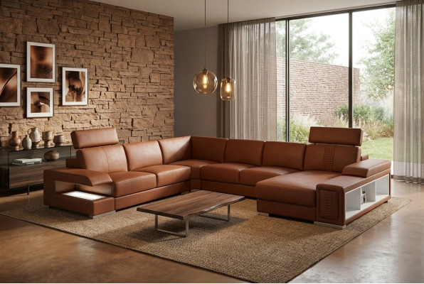 Ambiente de vida con un sofá de diseño en forma de U.