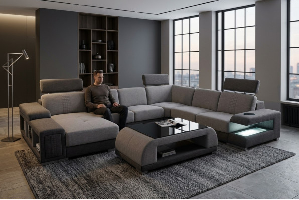 Esquina Tela Moderna Sofá XXL Conjunto de Salón Textil en Forma de U B2015 Tela + Mesa