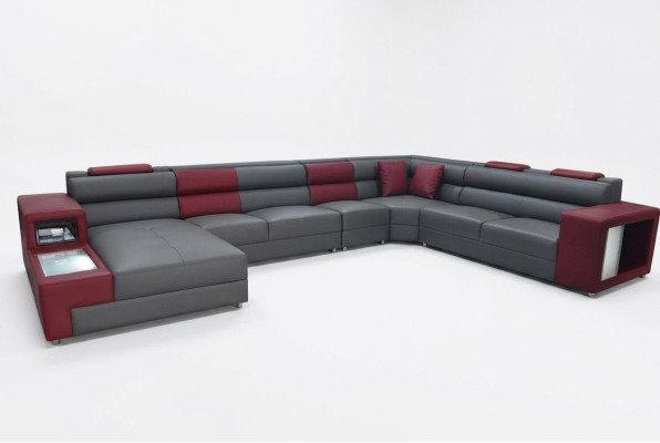 Sofá de cuero de diseñador con cojines, esquinero, tapizado de cuero, sala de estar, XXL.
