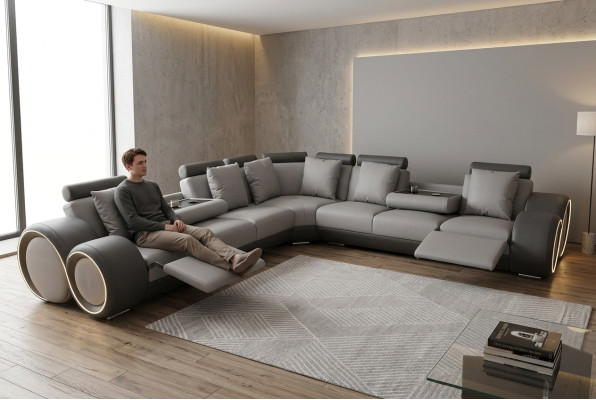 Rincón de cuero Moderno XXL Sofá para salón Sofá de cuero en forma de L A1163 III
