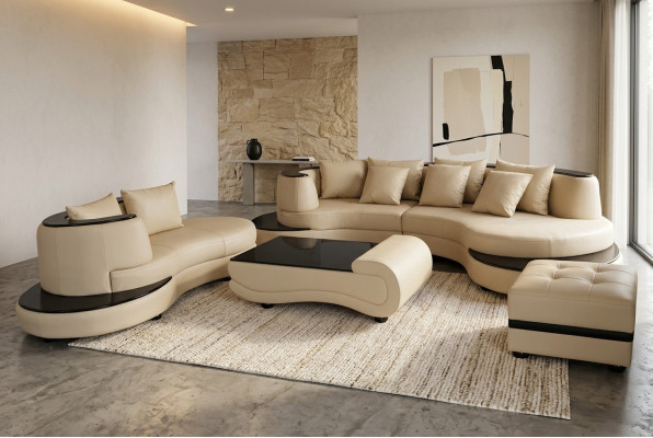 Luxus Wohn-Eckleder-Garnitur Landschaftspolster XXL Big Sofa en forma de U + chaise + mesa
