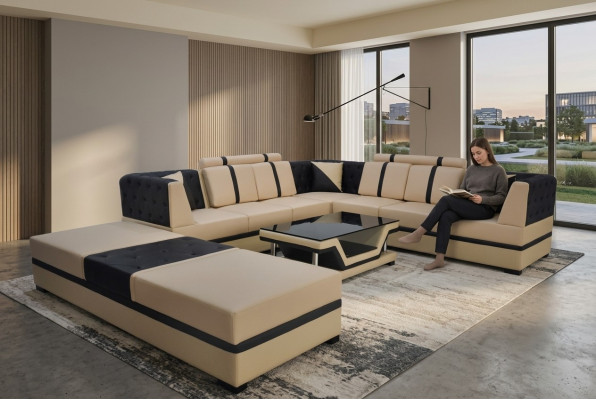 Sofá de esquina de cuero para salón con sofá cama sofá rinconero de tejido Swift con iluminación LED.