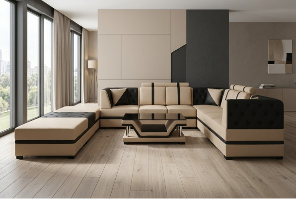 Sofá de esquina de cuero para salón con sofá cama sofá rinconero de tejido Swift con iluminación LED.