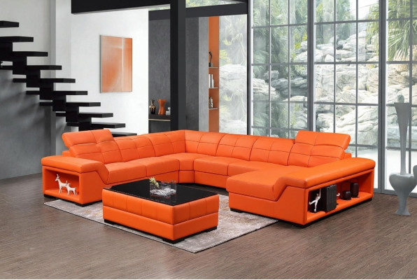 Juego XXL, sala de estar de diseño, sofá esquinero, sofá, sillón en forma de U, mesa de cuero, nuevo.