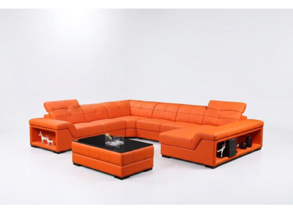 Juego XXL, sala de estar de diseño, sofá esquinero, sofá, sillón en forma de U, mesa de cuero, nuevo.