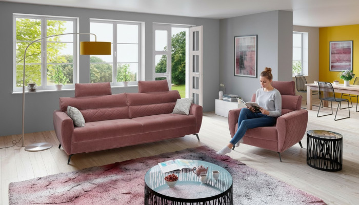 Sofá de diseño de tres plazas tapizado. Sofá de sala de estar de tres plazas, muebles modernos de cuero.