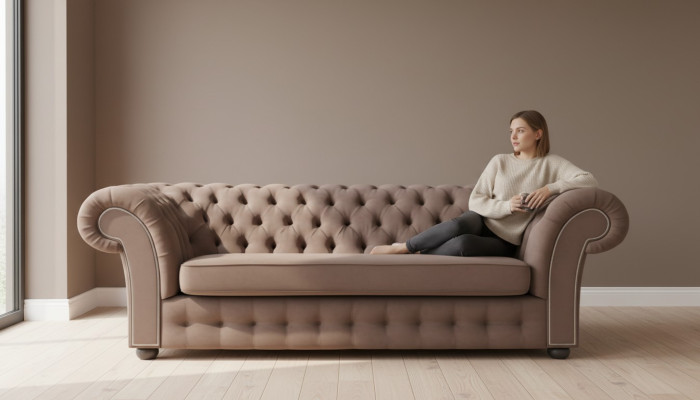Sofá de 3 plazas de tela diseño sofá tapizado sofás textil moderno Chesterfield beige.