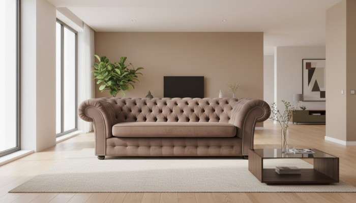 Sofá de 3 plazas de tela diseño sofá tapizado sofás textil moderno Chesterfield beige.