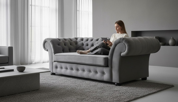 Sofá de 3 plazas de tela, diseño moderno de sofá tapizado en textil, gris Chesterfield.