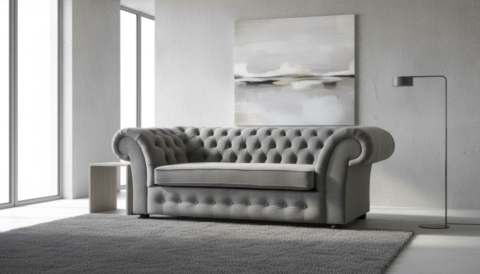 Sofá de 3 plazas de tela, diseño moderno de sofá tapizado en textil, gris Chesterfield.