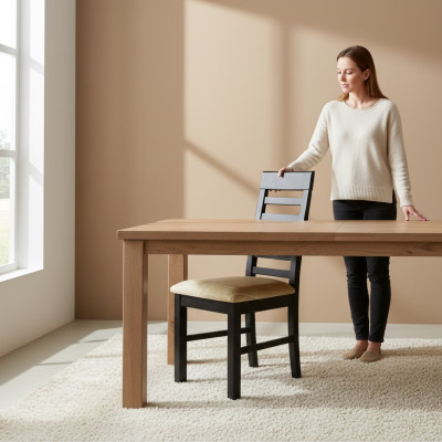 Conjunto de 4 sillas de diseñador de madera con tapizado textil para comedor gastronómico.