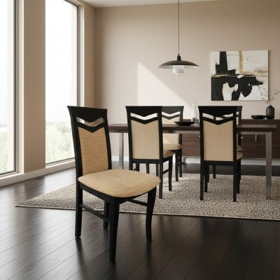 Set de 2 sillas de diseño de madera con tapizado de tela para comedor gastronómico.