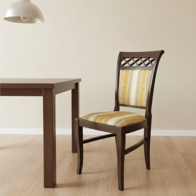 2 sillas de diseño de madera y tela para comedor, tapizadas para hostelería.