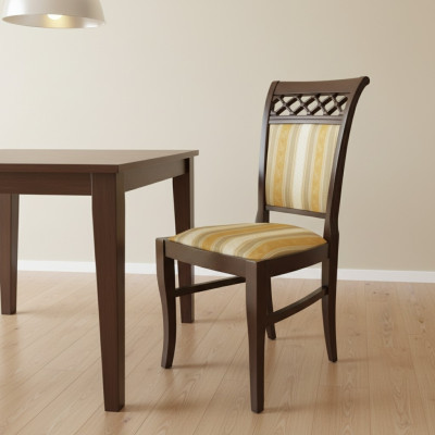 Set de 8 sillas de diseño de madera tapizadas de tela para comedor de restaurante.