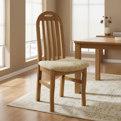 Conjunto de 8 sillas de diseño de madera y tela para comedor o restaurante.