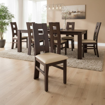 Conjunto de 6 sillas de comedor de cuero con asiento de madera maciza y acolchado.