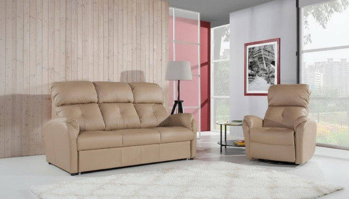 Sofá de 3 + 2 plazas, conjunto de sofá de diseño tapizado de cuero 100% con función de cama.