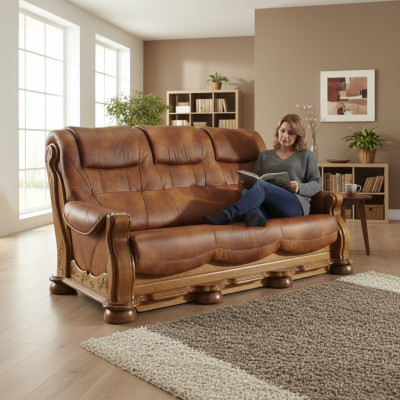 Sofá de cuero clásico Juego de sofás completo 3+2+2 Estructura de madera Tapizado Sofás