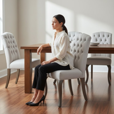 Sillas de respaldo Chesterfield gris x6 con patas de madera de diseñador. Conjunto de 6 de lujo.