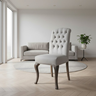 Sillas de respaldo Chesterfield gris x6 con patas de madera de diseñador. Conjunto de 6 de lujo.