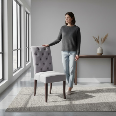 Silla Chesterfield gris exclusiva. Silla de comedor de diseñador de lujo de un solo asiento.
