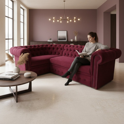 Sofá esquinero Chesterfield tapizado en terciopelo, sofá de esquina acolchado, asientos acolchados, sofás de esquina.