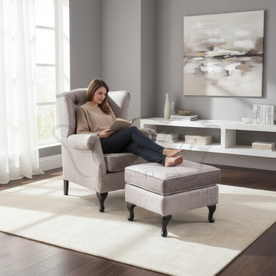 Taburete Beige de diseñador de lujo, taburete acolchado de asiento textil para relajarse junto al sofá.