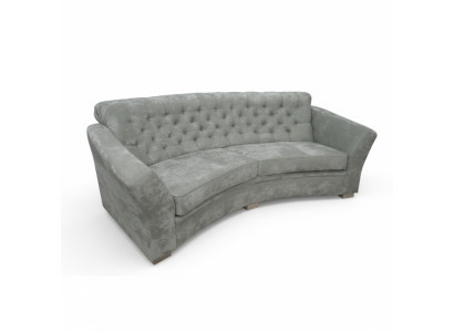 Sofá Chesterfield semicircular de tres plazas en color beige.