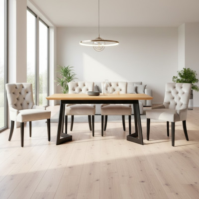 Diseño de mesa de comedor + 4 sillas de respaldo Chesterfield grupo de asientos.