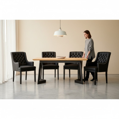 Moderno conjunto de comedor ovalado con sillas Chesterfield negras de diseño, 7 piezas.