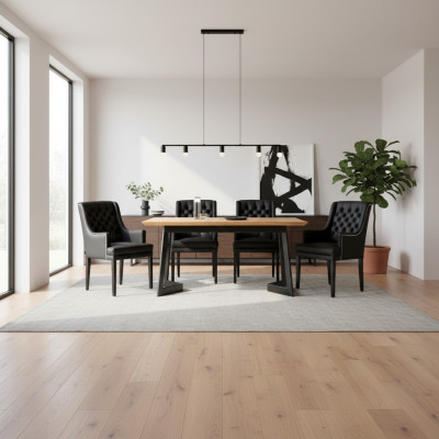 Moderno conjunto de comedor ovalado con sillas Chesterfield negras de diseño, 7 piezas.